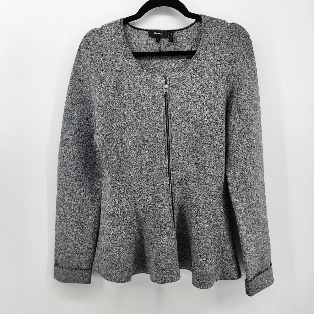 Theory Gray‎ Marl Knit Perlum Peplum Jacket Full Zip Long Sleeve Womens